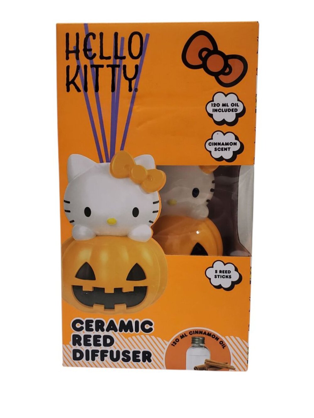 Hello Kitty Kawaii Halloween Pumpkin Ceramic Reed Diffuser Cinnamon Scent NIB